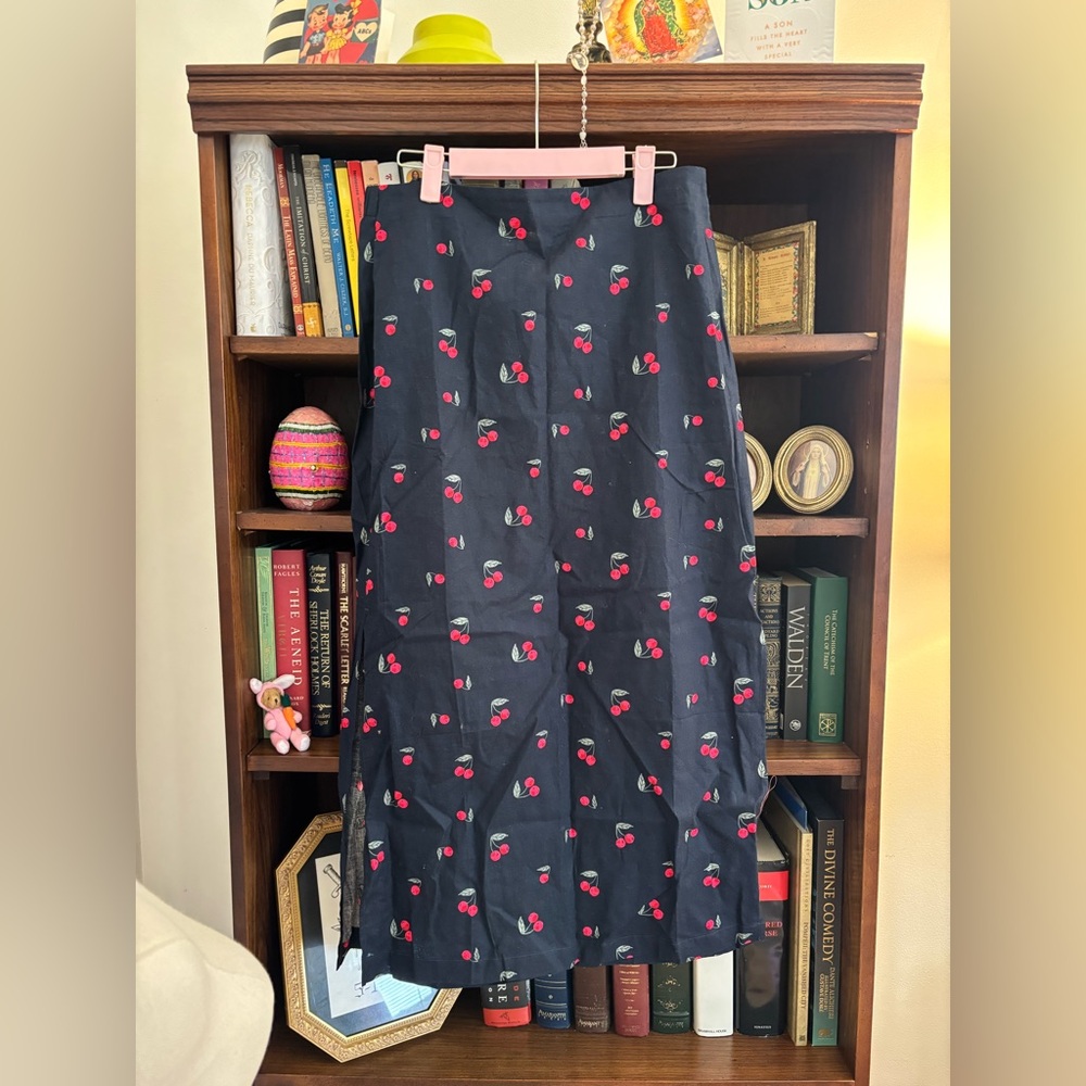 GAP Linen Cotton Novelty Fruit Cherry Print Midi Skirt Navy Blue Size Medium - Picture 2 of 6